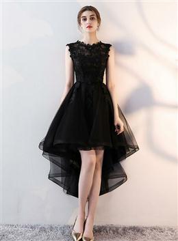 Picture of Black Color Tulle Round Neckline High Low Party Dresses, Black Color Homecoming Dresses